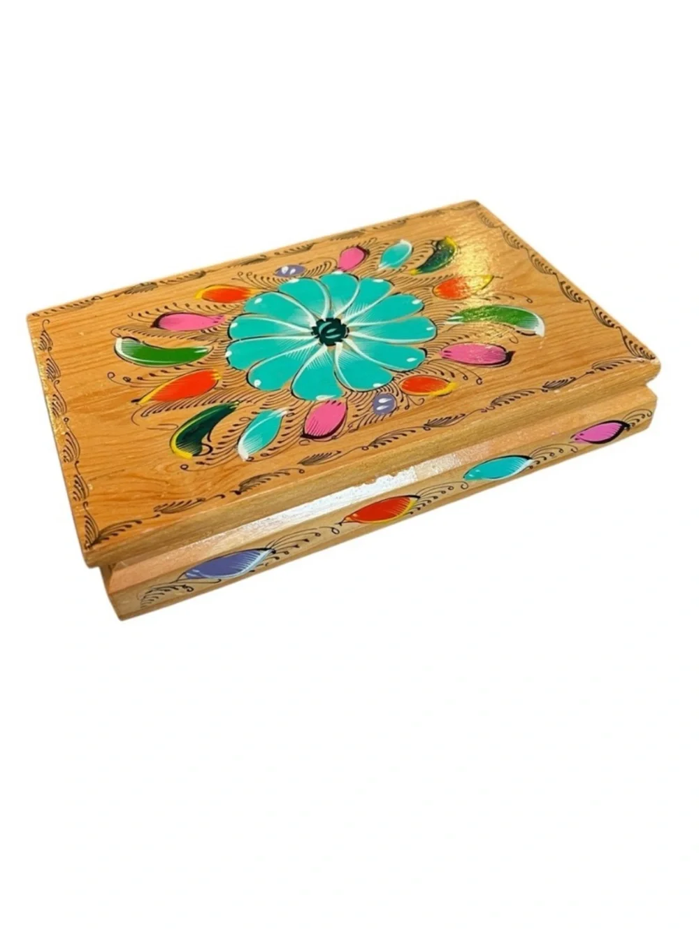 Vintage Wooden Jewelry Trinket Box Hand-painted Mexico Boho